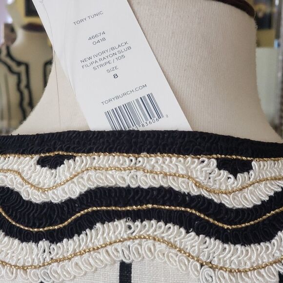 Tory Burch Striped Ivory/Black Stripe Filipa Embroidered Trim Tunic/Top - Picture 7 of 8